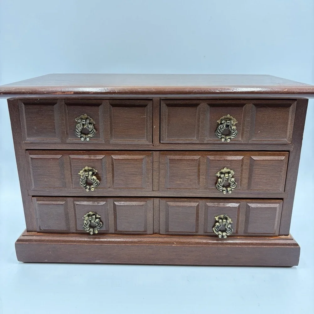 Vtg Brown Wood Rectangle Jewelry Box Organizer w/ Drawers Music Box‎ MCM Cottage